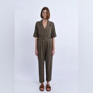 Molly Bracken Wms Cotton Utility Pleated Retro Boho Jumpsuit Khaki M